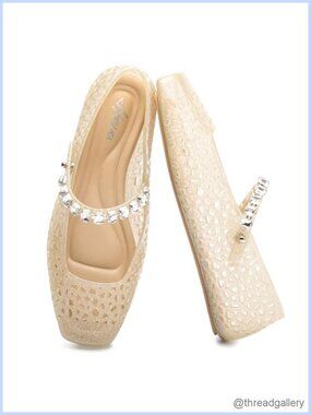 Women's Jelly Flat Sandals Square Toe Rhinestone Buckle Casual